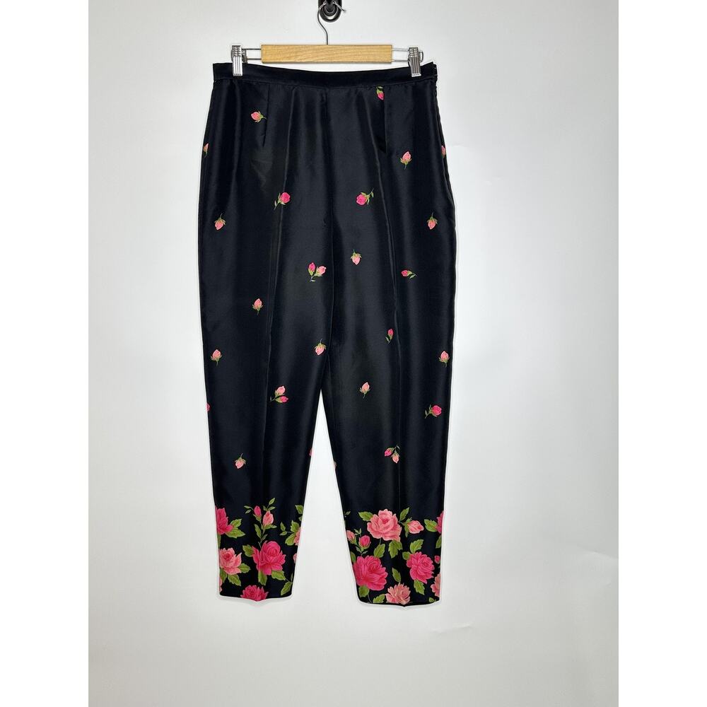 Talbots Pants Womens 10 Black Pink Rose Floral Silk Ankle Tapered Vintage
